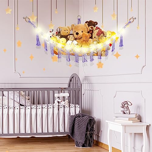 CERETIA Stuffed Animal Hammock with LED Light, Large Stuffed Animals Storage Corner Plushie Net for Kids Room Decor, Purple - color: Purple, size: Large-(Package of 1)