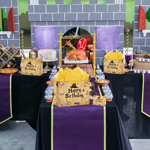 Hooqict Magical Wizard Gift Bag Happy Birthday Gift Wrapping Bag with Handles, Tissue Paper and Greeting Cards for Kids Girls Boys Wizard Birthday Party Supplies Halloween Party Favors - color: Magical Wizard