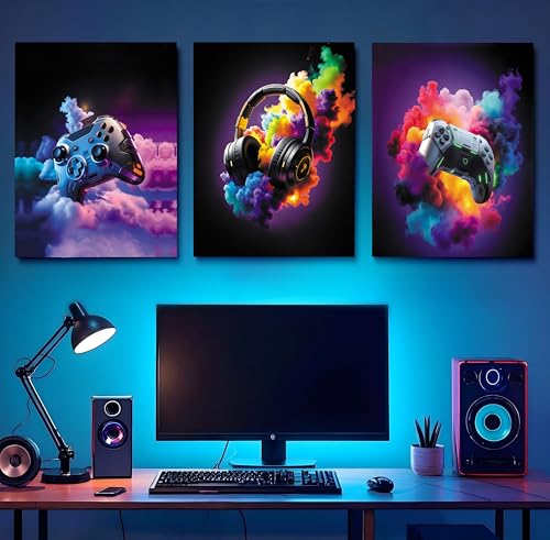 TimAsh Framed Gaming Room Decor Canvas Wall Art Set of 3 Gamepad Headphones Wall Decor Video Gaming Esports Theme Picture Prints for Teen Boys Game Room Play Room Kids Bedroom 24L x 16W - size: 24L" x 16W"