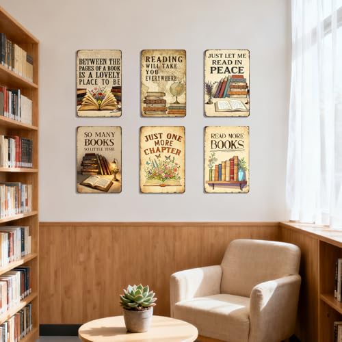 Vintage Classroom Decor 6pcs Reading Book Posters Metal Signs - Library Wall Art Reading Corner Decor for Dorm, Book Shop, Middle & High School Classroom Decorations Sign 8x12 Inch - color: BookSign
