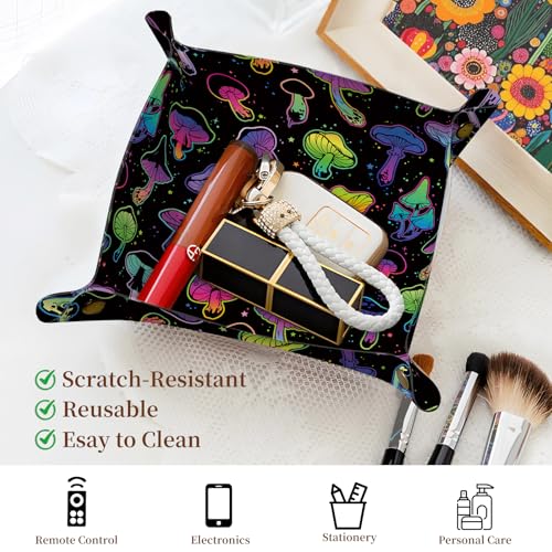 PU Leather Jewelry Valet Tray, Portable Catchall Tray for Keys, Wallet, Watch,Travel Jewelry Tray Organizer for Nightstand Desk Entryway Home Decor Gift for Women Men Neon Mushroom - color: Neon Mushroom