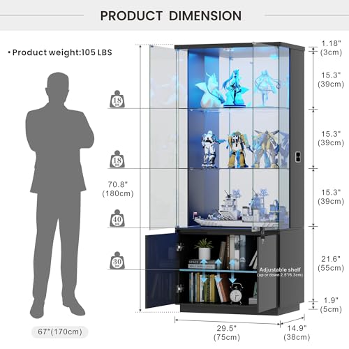 Lvifur 71” Glass Display Cabinet with Lights, Modern Curio Cabinet Display Cases for Collectibles, Locking Cabinet with Shelves & Drawers, Tall Bookcase with Human Body Sensor for Living Room (Black) - color: Black-71"