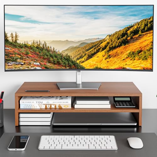 BONTEC Walnut Monitor Stand Riser, 21.3 Inch 2-Tier Wood Desk Shelf for Monitor & Laptop, Desktop Organizer with Cable Management and Phone Holder, Ergonomic Computer Riser, 66 lbs Capacity - color: Walnut, size: 21.3 Inch