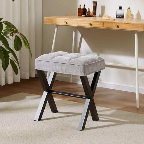 Royal Windsor Vanity Stool,Square Ottoman Stool Foot Rest,Upholstered Vanity Chair Foot Stool with Metal X Legs, Small Vanity Seat for Entryway,Bedroom and Living Room,Linen Light Grey - color: 12.6"d Light Grey+black