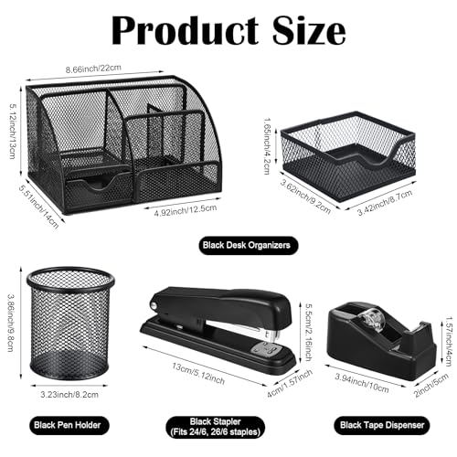 Black Desk Organizer and Accessories, Black Desk Asccessories Office Supply Kit Include Mesh Desktop Organizer Stapler 1000 Staples Tape Dispenser Pen Holder Staple Remover Clips Ruler Scissors - color: Black