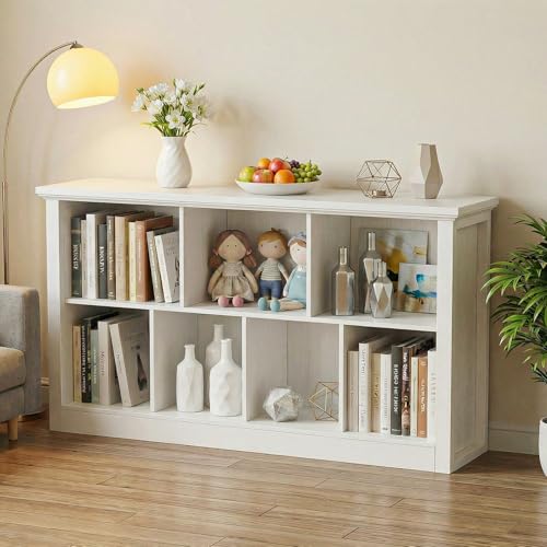 Unikito Cube Storage Organizer Bookcase with Base, Modern Wooden 2 Tiers Low Horizontal Bookshelf for Home and Office, Warm White - color: Warm White, size: 7 Cube (47.2"W x 26"H)