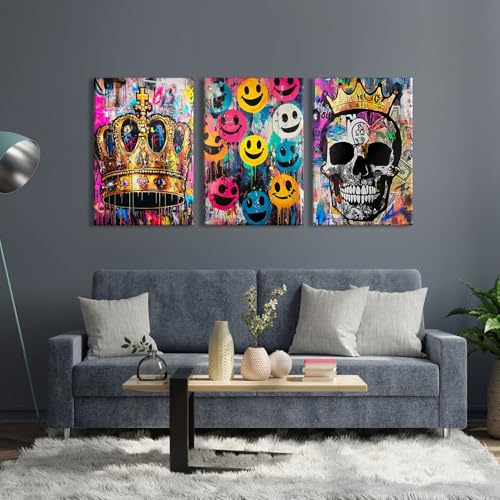 Banksy Skull Canvas Wall Art Colorful Street Graffiti Posters Prints Abstract Artist Picture Funny Smile Face Painting Gold Crown Artwork for Men Cave Decor Playroom Cool Home Decorations 16x24 3 Pcs - color: Banksy Skull, size: 16"L x 24"W