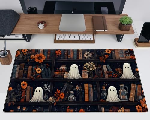 Cute Ghost Desk Mat Dark Vintage Large Mouse Pad Gaming Black Mouse Pad XXL Large Gaming Mousepad Desk Mat for Desktop Office Computer Laptop Keyboard and Mouse Mat - 31.5 X 15.7 in Desktop Protector - color: Bookshelf Ghost