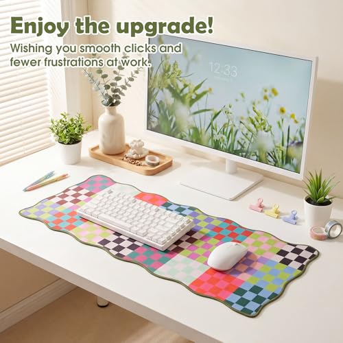 Copkim 1 Pcs Colorful Scalloped Checkered Desk Mat 31.5 x 11.8 Large Cute Mouse Pad Computer Mat Non Slip Waterproof Rubber Base with Border Stitching Soft Keyboard Pad for Home Office Game Makeup - color: Colorful, style: Checkered