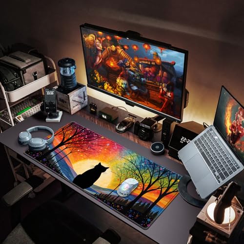 Canjoy Cute Black Cats Anime Mouse pad, 31.5x15.7inch Kawaii Computer Keyboard Mat Extended Large Gaming Mouse Pad with Non-Slip Rubber Base - color: Rainbow Cat
