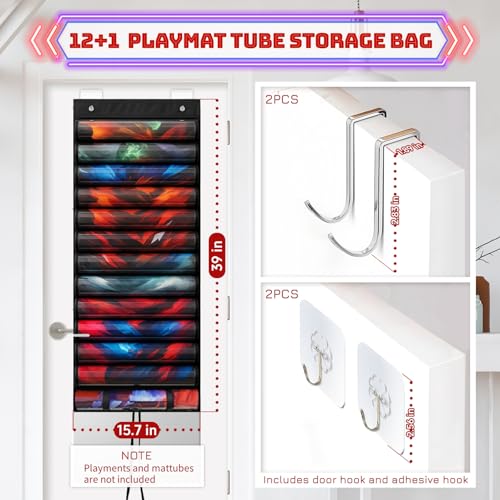 Playmat Holder, Playmat Tube Storage Bag for MTG/TCG with 12+1 Transparent Slots & 4 Hooks, Hangable Playmat Holder for Game Mat and Tubes, Portable Playmat Case, Black