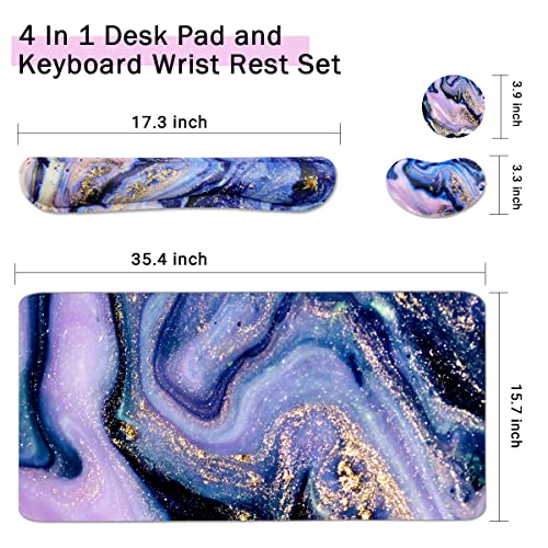 4-in-1 Large Gaming Mouse Pad and Keyboard Wrist Rest, Desk Pad for Keyboard and Mouse, Non-Slip Desk Mat for Home Office Study Game-Purple Marble - color: Purple Marble