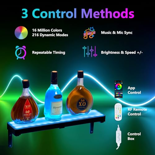 2 Pack Led Lighted Liquor Bottle Display Shelf, 20 Inch 1 Tier Wall Mounted Whiskey Rack, Bar Stand with RF Remote & App Control, Illuminated Acrylic Lighting Shelves for Home Bar, Party - size: 24"