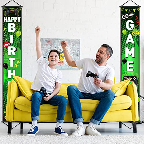 Blulu Game On Birthday Banner - Video Game Party Decorations, Controller Door Sign, Happy Backdrop, Gamer Party Background, Block Night Decoration