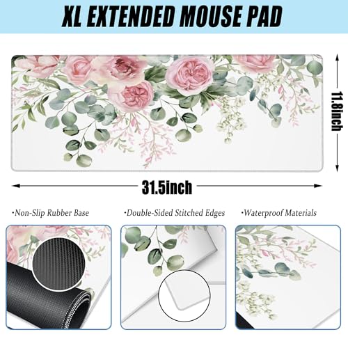 Desk Mat,Peony Flowers and Eucalyptus Leaves Large Gaming Mouse Pad for Desk XL,Pink Floral Desk Pad,Extended Big Computer Keyboard Mouse Pad with Non-Slip Base Stitched Edges 31.5"x11.8" - color: Peony Flowers and Eucalyptus Leaves, size: XL-31.5"x11.8"