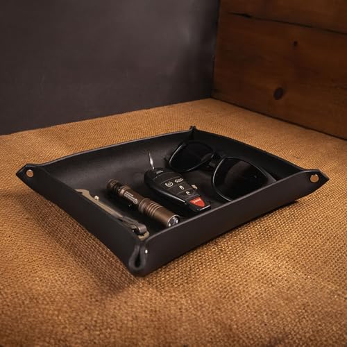 Valet Tray – Full-Grain Leather Catchall Organizer for Keys, Phone & Wallet – Rustic Nightstand & Desk Tray with Raised Sides – Handmade in USA (Black, Medium Rectangle) - color: Black, size: Medium Rectangle