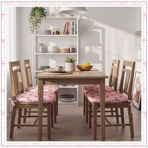 6 Pack Pink Bow Chair Cushions for Dining Chairs 17" x 16" x 2" D-Shaped Breathable Linen Kitchen Chair Pads with Ties Washable Non Slip Seat Cushion for Dining Kitchen Office Indoor - style: Bow