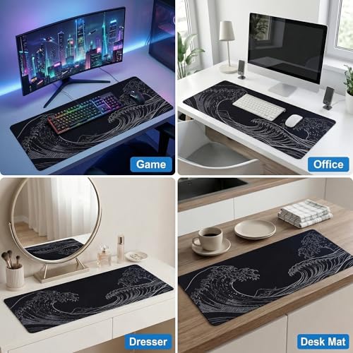 Large Gaming Mouse Pad 31.5x11.8 inch, 3mm Thick Non-Slip Rubber Base with Stitched Edges, Japanese Wave Style Desk Mat for Office, Home, Game