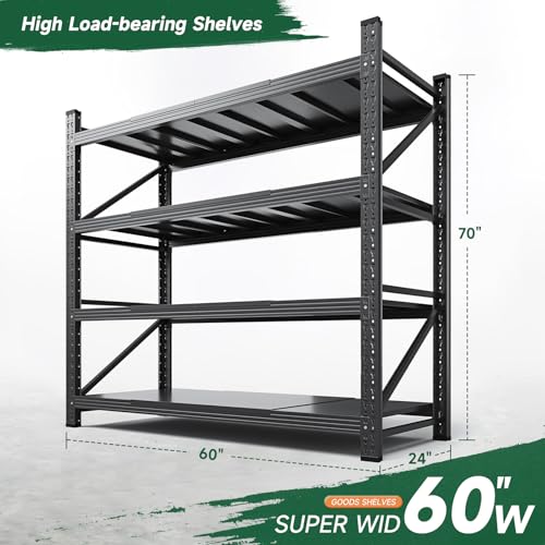 Letaya 4000LBS Storage Shelves Heavy Duty,60" W Garage Shelving Units, 4 Tier Adjustable Utility Rack Shelf,Large Metal Industrial Shelves,for Shop,Warehouse,Basement,Black (60" W x 24" D x 70" H) - color: Black, size: 60" W x 24" D x 70" H
