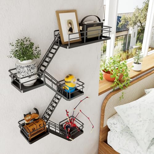 Fire Escape Shelf - 5 Tier Metal Black Fire Escape Wall Shelves with Baskets, New York Action Figurine Display Shelf, Unique Rustic Floating Decorative Wall Shelves for Any Room - color: C-black 5 Tier, size: 5 Tier