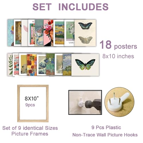 18PCS Vintage Eclectic Wall Art, Colorful Bohemian Gallery Wall Art, Retro Maximalist Decor Aesthetic, Funky Eclectic Gallery Wall Art Prints for Bedroom, Famous Artist Painting Pictures (with Beige Frame) - color: 2in1 Framed 1-2 big