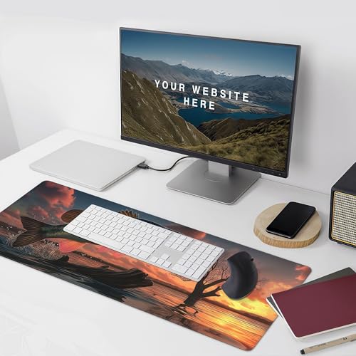 Large Gaming Mouse Pad with Bass Fish Sunset Design, Non-Slip Rubber Base, Stitched Edges, Extended Size 35.4 x 15.8 inches - color: Large Mouth Bass