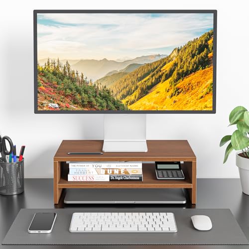 BONTEC Wooden Monitor Stand Riser, 2-Tier Desk Shelf with Storage Organizer, Ergonomic Computer Stand with Cable Management, Cellphone Holder, Walnut, 16.5 Inch - color: Walnut, size: 16.5 Inch
