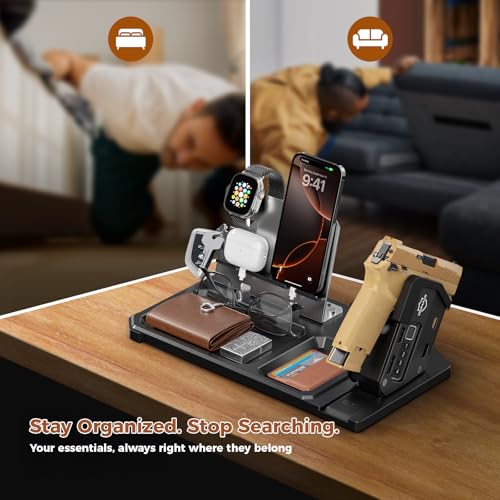 ONNAIS EDC Organizer with Detachable Quick-Access Gun Trigger Lock | Gift for Men; Desk & Nightstand Organizer; Biometric PIN Key Access; Pistol Rack; Phone Stand