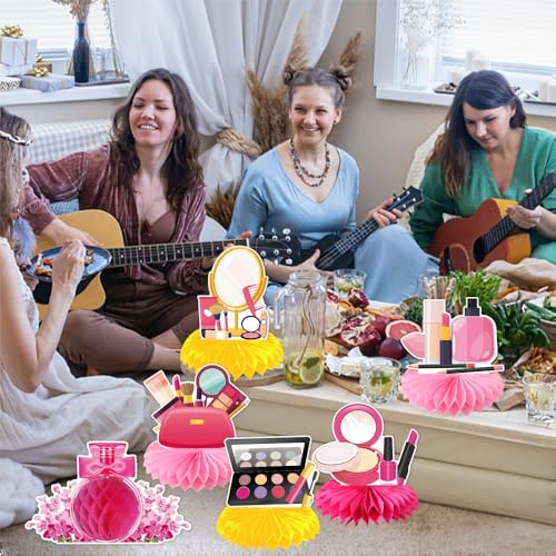 9pcs Cosmetics Honeycomb Decorations, Cute Pink Makeup Spa Honeycomb Centerpiece table decor, Birthday Party Supplies Ornaments - color: Cosmetics