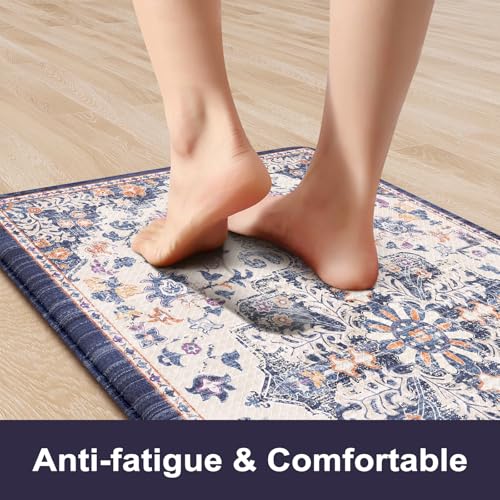 KIMODE Kitchen Mats for Floor, Boho Floral Blue Kitchen Rugs Sets of 2, Anti Fatigue Mats for Kitchen Floor, Cushioned Comfort Kitchen Floor Mats for Sink, Laundry, Desk,17"x47"+17"x29" - color: Blue Purple/Multi, size: 17.3" x 47"+17.3" x 29"--0.47 inche