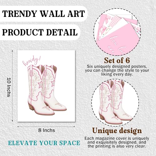 Isfvqyub Preppy Hot Pink Bow Wall Art, Aesthetic Coquette Cowgirl Boot Poster For Girl Cowgirl, Trendy Heart Floral Lucky We Are Wall Decor For Bedroom Dorm College Apartment, Set Of 6 -A09 - size: Hot Pink Bow