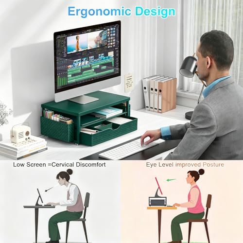 gianotter Desk Organizers and Accessories, Monitor Stand with Drawer and 2 Pen Holder, Desktop Organizer Suitable for Offices and Dormitories (Green-Plain) - color: Green-Plain