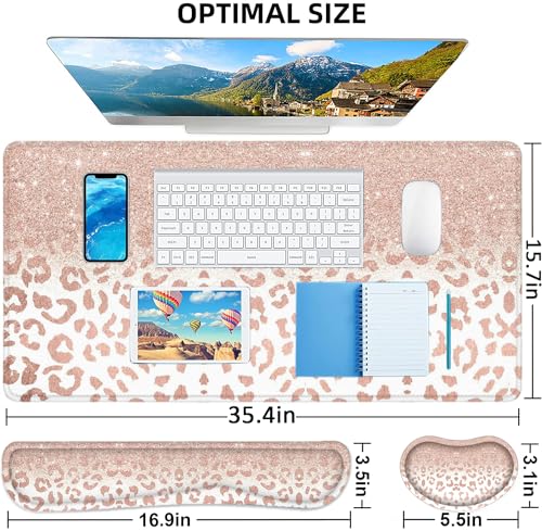 Lateefah Desk Mat, Mouse Pad with Wrist Rest, 4-in-1 Large Mouse Pads for Desk, Ergonomic Mouse Pad and Keyboard Wrist Rest Gaming Keyboard Mat for Office, Home - color: 4pcs-rose Gold Leopard