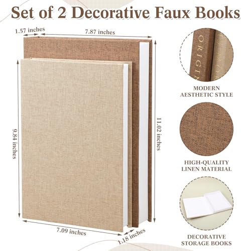 Junkin Set of 2 Decorative Books for Home Decor with 60 Pampas Grass Aesthetic Linen Fake/Faux Books Hidden Storage Boxes Modern Farmhouse Bookshelf Decor for Home Coffee Table Shelf Mantel