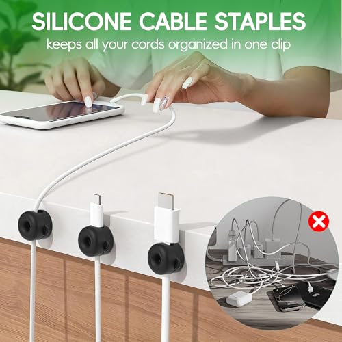 8-Pack Magnetic Cable Management Clips for Home Office Desk, Cord Organizer | reusable, strong adhesive, silicone wire staples keeper, stick-on wire holder clamps, work on wall, nightstand, car dashboard - color: Black