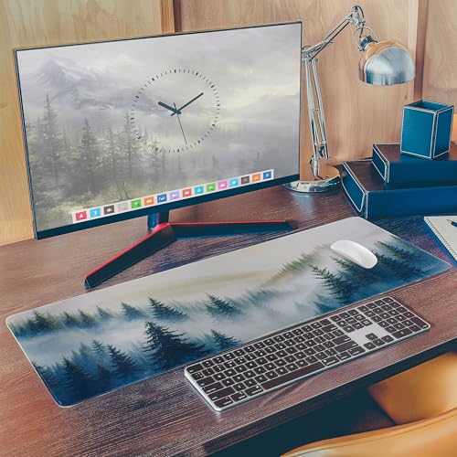 Extended Gaming Mouse Pad – Forest Desk Mat with Foggy Woodland Design – Large 31.5x11.8 in, Non-Slip Rubber Base, Water-Resistant, Stitched Edges - color: Foggy Forest, size: 31.5L x 11.8W inches