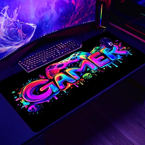 Gamer Gaming Mouse Pad, Blacklight Game Controller Horror Skull Waterproof Large Mouse Mat, 31.5" x 11.8" Skeleton Glowing Extended Non-Slip Rubber Base, Office & Home Keyboard Pad - color: Gamer C