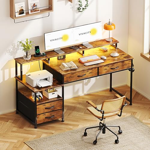 53" Computer Desk with 4 Drawers & Power Outlets, Reversible Home Office Desk with Monitor Stand & Printer Stand, Gaming Desks with Led Lights, Study Writing Work Desks Table for Bedroom, Vintage - color: Rustic Brown