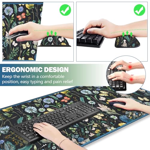 ARTSO Keyboard Mouse Pad Set, Extended Mouse Pad with Keyboard Wrist Rest Support, Memory Foam Ergonomic Desk Pad Set for Home Office, Flower Leaf Butterfly - color: Flower Leaf Butterfly