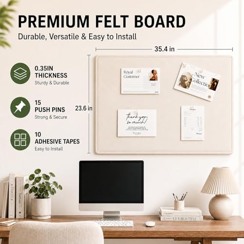 Felt Bulletin Board for Wall 36" x 24" Unfolded Size, Frameless Felt Pin Board, Soft Cork Board Alternative for Office, Home Planning, Notes, Photos & Wall Decor, Foldable Shipping, Easy Install - color: Beige, size: 24" x 36"