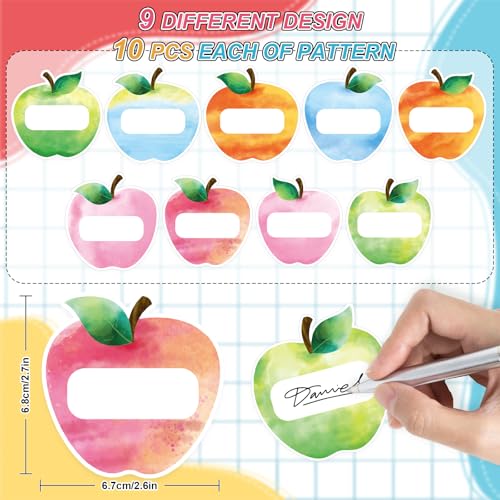 Whaline 90 Pcs Back to School Name Tag Stickers Watercolor Apples Shape Nameplates Colored Self-Adhesive Label Decals for Students Desk Classroom Decoration, 9 Designs - style: Apple