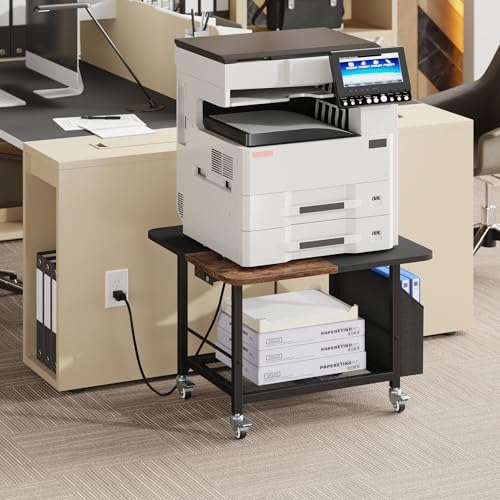 YAOHUOO 23.6"×23.6" Large Printer Stand with Power Outlet, Printer Table with Storage Side Pocket, Heavy Duty Rolling Cart for Home Office 3D Printer/Laser/Heat Press Table, Rustic Brown - color: Rustic Brown