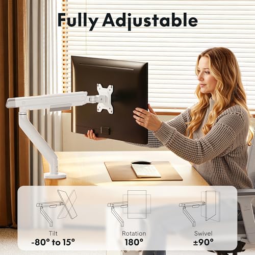 FlexiSpot Single Monitor Arm, Premium Aluminum Monitor Desk Mount Fits Screen up to 35 Inches 19.84 lbs, Fully Adjustable Monitor Stand with C-Clamp & Grommet Base for Home Office, White - color: White, size: MAX 35"/19.84 lbs