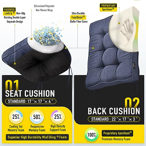 SUNROX Memory Foam Non Slip Rocking Chair Cushion, FadeShield Water Resistant Thicken Durable Tufted Pads, Set of Seat & Back Cushion with Ties for Indoor/Outdoor Rocker, 2 Piece, Heather Indigo - color: Heather Indigo