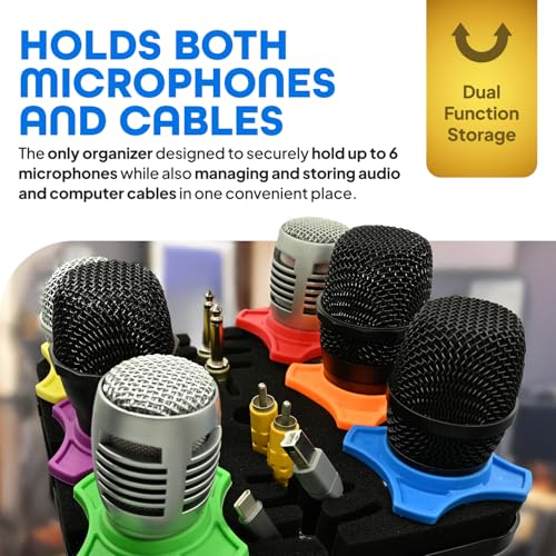 Multi Microphone Holder Cable Hanger & Organizer for Mic Stand - Square Tray Attachment holds up to 6 mics On Stage Organizer and Display - 6 Anti-roll Rings Included - size: without stand