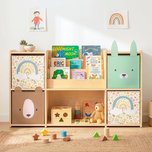 OOOK 4 Pack Foldable Fabric Storage Bins, 11.4" x 10.6" x 11.8" Cute Storage Box, Closet Organizers for Bedroom, Nursery, Shelves & Cube Storage Shelving Units (Bear, Rabbit, Rainbow Pattern)