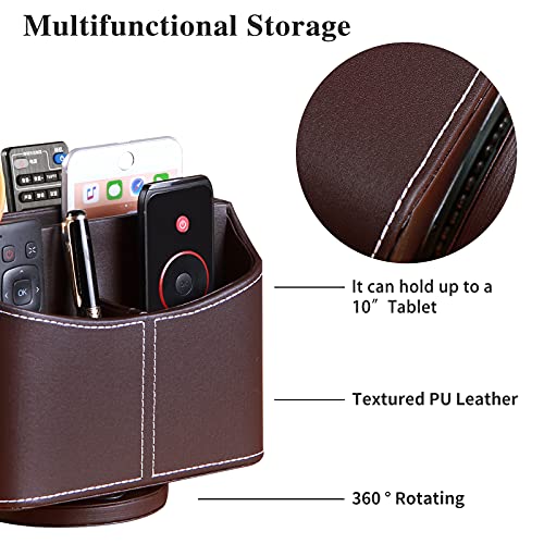 YAPISHI Leather Remote Control Holder, 360 Degree Spinning Desk TV Remote Caddy/Box, Coffee Table Organizer for Controller, Media, Calculator, Mobile Phone and Pencil Storage - color: 3# Brown