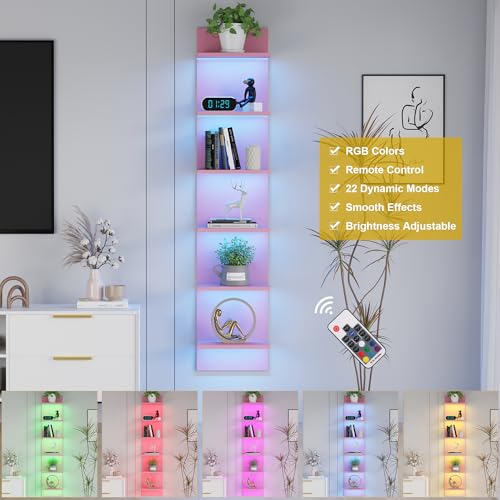 Qupui 6-Tier Wall Shelf with RGB LED Lights, 57" Tall Floating Storage Organizer for Bedroom Living Room Game Room - Pink Wall Mounted Shelves with 22 Lighting Modes - color: Pink