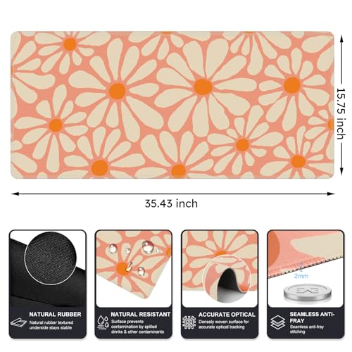 iCasso Desk Mat, Desk Matt for Desktop, Cute Desk Pad Mat, XXL Large Mouse Pad for Desk, Anti-Slip Big Mousepad with Stitched Edges, Keyboard Pad Mouse Mat for Computer, Work, Gaming (Orange Floral) - color: A-Orange Floral