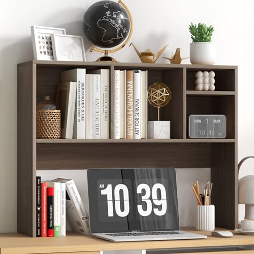 Tangkula Desktop Bookshelf, Countertop Storage Hutch with 4 Shelves for Computer Desk, Desktop 2-Tier Display Rack, Multipurpose Wood Desk Hutch Storage Organizer for Dorm Office Home - color: Grey, size: 4 Shelves